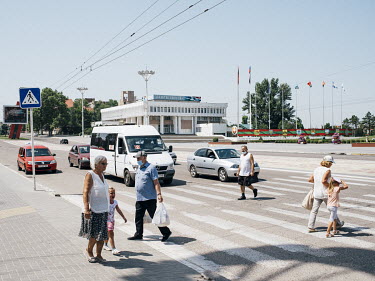 People crossing the road in central Tiraspol. Transnistria, officially part of Moldova, is an unrecognised breakaway state that unilaterally declared independence in 1991.