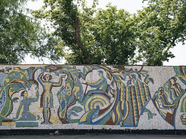 Soviet-era mosaic on a wall in the outskirts of Tiraspol.