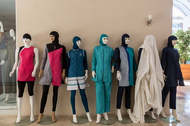 A range of burkinis on sale in a shop at the Selge Beach resort. The hotel is one of many halal hotels catering to the religiously observant Muslim tourist.