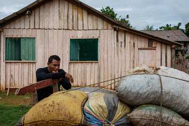 A resident of the quilombola (founded by escaped slaves) community of Forte Principe da Beira stands next to bags of nuts which he has collected that are to be sold in the city of Costa Marques. Colle...