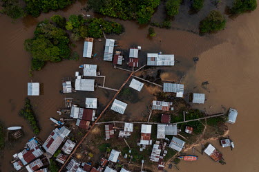 An aerial view of the village of Atalia do Norte on the banks of the Javari River in the Vale do Javari indigenous territory.