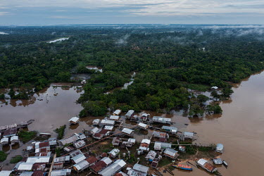 An aerial view of the village of Atalia do Norte on the banks of the Javari River in the Vale do Javari indigenous territory.