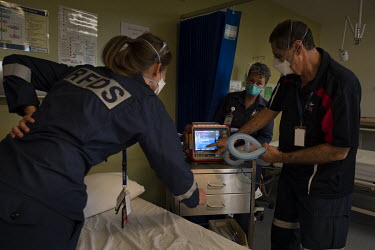 Members of the Royal Flying Doctors demonstrate the use of a single ventilator acquired recently by the hospital after criticism was voiced about the town's hospital not being adequately equipped. The...