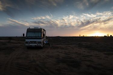 Pat Leahy's caravan, which is stuck at border between New South Wales and South Australia. He is staying in his caravan after taking care of his dying brother in the Hunter Valley and needs an eye inj...