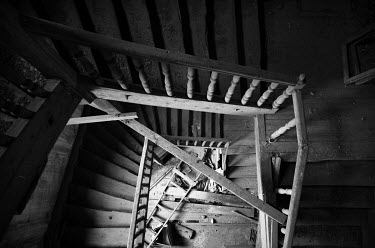 Wooden stairs inside the abandoned FIX brewery.