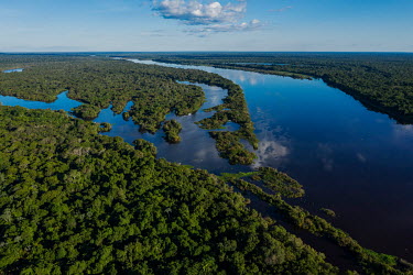 An aerial view of the Guapore River which forms the border between Brazil and Bolivia in the municipality of Costa Marques in Rondonia.