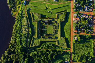 An aerial view of the Forte Principe de Beira, on the banks of the Guapore River in Rondonia on the border between Bolivia and Brazil. Next to the fort is the quilombola (settlements founded by escape...