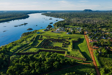 An aerial view of the Forte Principe de Rivera, on the banks of the Guapore River in Rondonia on the border between Bolivia and Brazil. Next to the fort is the quilombola (settlements founded by escap...