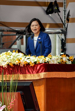 Taiwan president Tsai Ing-wen gives a speech during National Day Parade for Year 110 (2021) of the ROC calendar (which began in 1911 after the end of the Qing Dynasty).