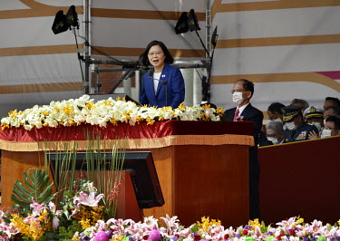 Taiwan president Tsai Ing-wen gives a speech during National Day Parade for Year 110 (2021) of the Republic of China (ROC) calendar (which began in 1911 after the end of the Qing Dynasty).