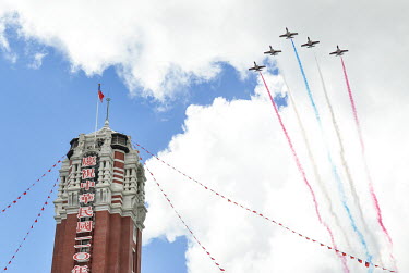 Airforce fly past during National Day Parade for Year 110 (2021) of the Republic of China (ROC) calendar (which began in 1911 after the end of the Qing Dynasty).