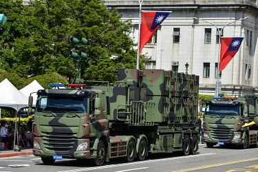Hsiung Feng II (HF-2), a Taiwanese subsonic antiship cruise missile is transported on a truck during National Day Parade for Year 110 (2021) of the Republic of China (ROC) calendar (which began in 191...