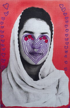 A photograph printed onto cotton and embroidered by the photographer.  A series of photographs dedicated to Afghan women.  This image is dedicated to health workers.