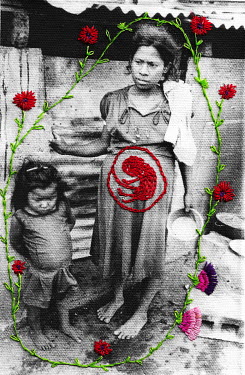 A photograph printed onto cotton and embroidered by the photographer.   A pregnant Miskito mother and her daughter after an attack by the Contra rebels, a right wing group that fought the Marxist Sand...