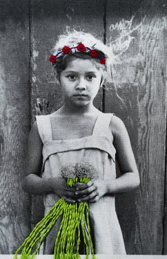 A photograph printed onto cotton and embroidered by the photographer.  A young girl selling onions.
