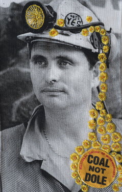 A photograph printed onto linen and embroidered by the photographer.  A British miner at a protest event in London. From March 1984 until March 1985, large numbers of British miners went on strike to...
