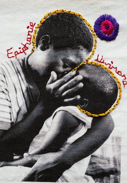 A photograph printed onto linen from Rwanda and embroidered by the photographer.  Epiphanie Nyirabatakanwa with her niece Uwimana Enatoc, aged 3. Her own children were killed during the genocide.