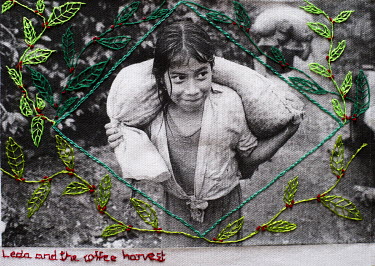 A photograph printed onto cotton and embroidered by the photographer.  10 year old Leda carries a sack of coffee beans she has picked.