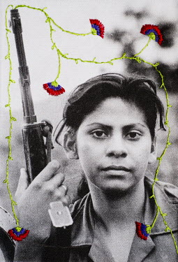 A photograph printed onto linen and embroidered by the photographer.  Margarita, a Sandinista National Liberation Front (FSLN) soldier on duty near the Honduran border.