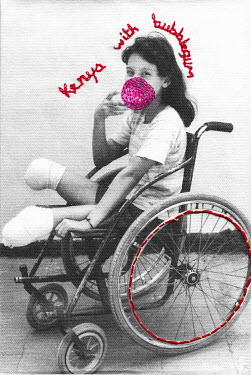 A photograph printed onto cotton and embroidered by the photographer.   Kenya, a young woman who lost her lower legs to a landmine, sits in her wheel chair, chewing a bubble gum.   Nicarague suffered...
