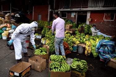 Market traders wearing protective clothing and face masks offer bananas and other fresh produce in a market in Quito.