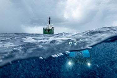 An underwater ROV departs from the Greenpeace vessel Arctic Sunrise during a trip to survey the Saya de Malha Bank.