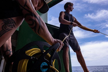 A ROV is launched from the poop deck of the Greenpeace vessel Arctic Sunrise.