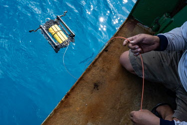 An ROV is launched from the Greenpeace vessel Arctic Sunrise over the Saya de Malha Bank in the Indian Ocean.