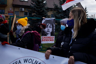 Demonstration against the inhumane treatment of migrants in front of the border guard building.   Thousands of migrants attempted to cross into Europe along the Poland Belarus border in the autumn of...