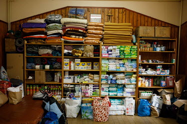 Food, blankets, toiletries and other supplies donated for the migrants are stored at the local fire brigade building.   Thousands of migrants attempted to cross into Europe along the Poland Belarus bo...