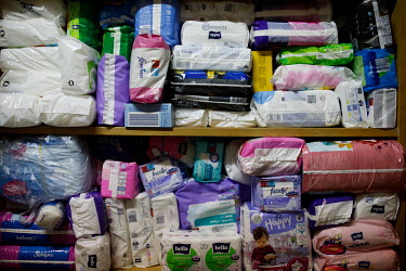 Sanitary towels and childrens nappies donated for the migrants are collected at the local fire brigade station in Michalowo. The town is situated near the state of emergency zone by the Belarussian bo...