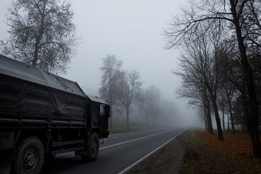 Military truck passing near the state of emergency zone by the Belarussian border near Sokolka. Hundreds of migrants, mainly from Syria, Iraq and Afghanistan are stuck on both sides of this border.