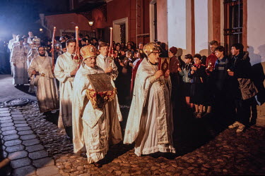 Priests take part in a Russian Orthodox procession.
