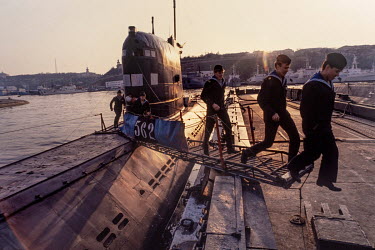 Russian sailors disembarking from a submarine in Sevastopol which is the home port for Russia's southern naval forces on the Black Sea. Continuing control of this warm water port was of strategic impo...