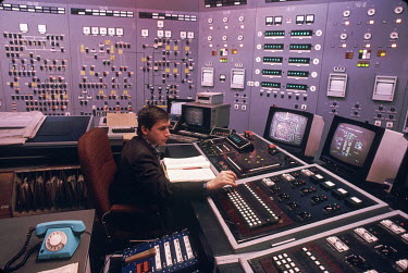 Control room of the Zaporizhzhia Nuclear Power Plant, the largest in Europe, 7 years after the Chernobyl disaster. In case of an emergency, communication with the outside world was through the blue ro...