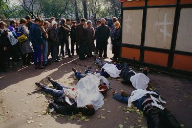 Bodies of people killed during the battle at the Russian Parliament on 3 October 1993 lie covered with sheets the following morning. Most casualties were suffered by people shot by rebel snipers from...
