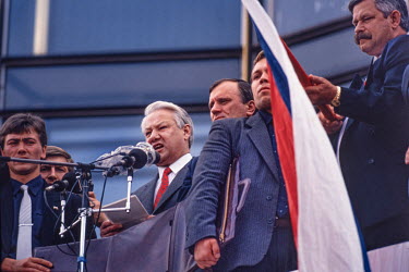Russian President Boris Yeltsin addresses his supporters in front of the Russian White House (parliament building) in August 1991 following the collapse of an attempted coup by hardline Communists who...