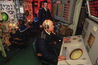 Control room of the anti ship and anti submarine warship Azov, part of the Black Sea fleet. Up to 1991 Russian and Ukrainian naval forces cooperated with each other but after the break up of the Sovie...