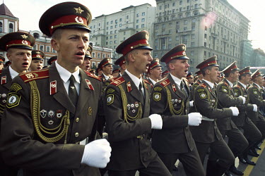 Russian soldiers of the Berlin Brigade march in a parade commemorating victory in WW2.~~Despite the reunification of Germany and the ending of Soviet control over East Germany, the Soviet Army's defea...