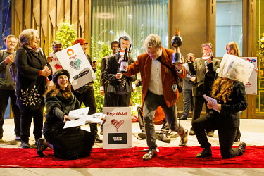 Extinction Rebellion protest outside the advertising industry's '2021 Campaign BIG Awards' at Leicester Square's Londoner Hotel. The group were highlighting the greenwashing activities of advertising...
