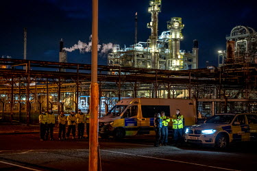 Police stand guard at Grangemouth oil Refinery as demonstrators from Ocean Rebellion staged a number of protests.
