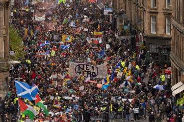 Protestors at the Climate Strike Glasgow led by Greta Thunberg and organised by Fridays for Future, walking to the city centre during the COP26 summit at the Scottish Exhibtion Centre.