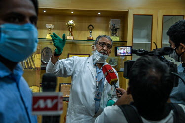 Medical director S.C.L Gupta of the Batra hospital speaks to the television reporters on May 1, 2021 where 12 people including one doctor died due to lack of oxygen.