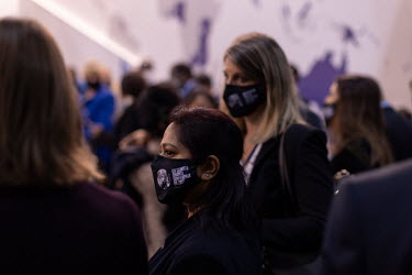 A general view of branded mask worn by delegates inside the the Delegations' pavilions area of the COP26 summit, at the Scottish Exhibition Centre in Glasgow, Scotland.