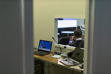 A video feed on a laptop inside the Delegations' pavilions area of the COP26 summit, at the Scottish Exhibition Centre in Glasgow, Scotland.