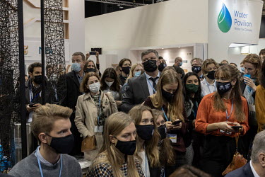 An audience crowd to hear speakers including H.E. Jonas Gahr Støre the Prime Minister of Norway at the Nordic Pavilion in the COP26 summit, at the Scottish Exhibition Centre in Glasgow, Scotland.