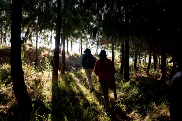 Tupak Guatemal, a 29 year old Karanki man and his wife Fernanda Quimbiamba, 27, walk in the forested moorland of the La Magdalena community, on the slopes of the Imbabura volcano.