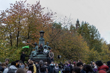 Protestors at the Climate Strike Glasgow led by Greta Thunberg and organised by Fridays for Future, gather beside Kelvingrove Park during the COP26 summit at the Scottish Exhibtion Centre.