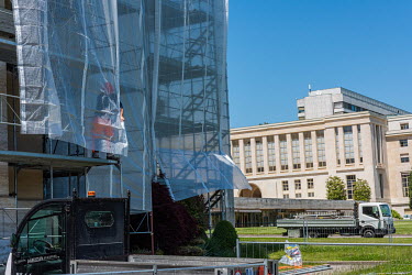 The Palais des Nations, the United Nations Office at Geneva, UNOG, being wrapped up for renovation, part of a $800 million project.
