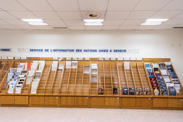 Half empty shelves for information leaflets at the Palais des Nations, the United Nations Office at Geneva, which is being overhauled as part of an $800 million renovaton and construction project.